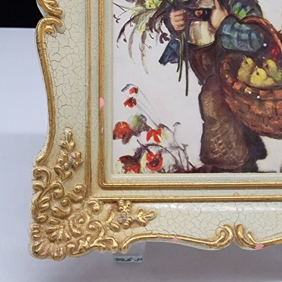 Vintage Gold Ornate Crackle Frame With Child & Basket Print Lightweight Plastic - Picture 5 of 10